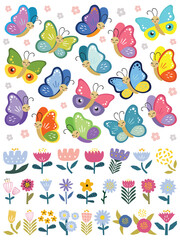 Summer smiling butterflies, flowers. Hand drawn cute cartoon summer characters isolated on white background. Color insect clipart. Baby shower design elements. Party invitation, birthday celebration