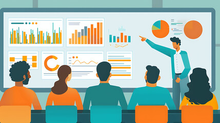 Obraz premium A marketing presentation in a corporate boardroom, featuring a presenter pointing to a large screen displaying graphs and charts. Colleagues are seated around the table, attentively listening 