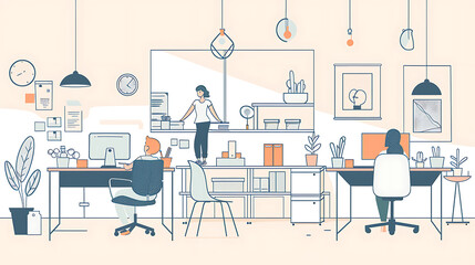 Fototapeta premium A minimalist doodle-style office with employees working at their desks. The illustration shows basic furniture, simple geometric shapes, and a few outlined office supplies, emphasizing simplicity 