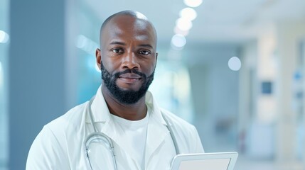 Naklejka premium A man in a white coat is holding a tablet in a hospital setting
