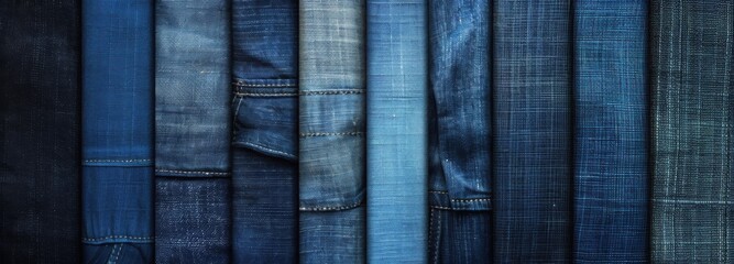 A close-up view of multiple denim fabric swatches arranged in a gradient, showcasing various shades of blue and subtle texture variations