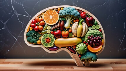 cerebro conformado de muchas frutas, verduras, y alimentos sanos, representa la importancia de una buena alimentación y nutrición balanceada para un cerebro saludable