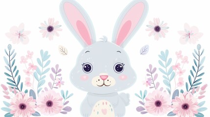 A cute rabbit is sitting in a field of flowers