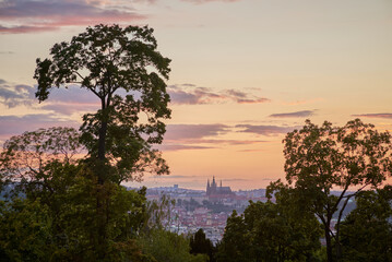 Sunset view of Prague cityscape from the Riegrovy Sady park in the Vinohrady district in Prague, Czech Republic