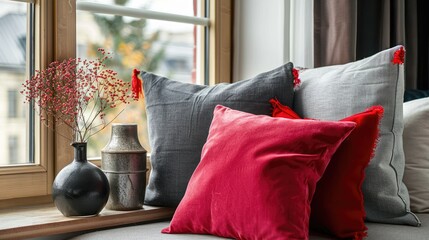 Red and gray pillows on a windowsill in a Scandinavian-style room