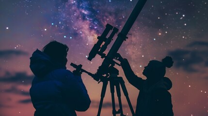 Fototapeta premium Silhouettes of two people gazing at the Milky Way with a telescope