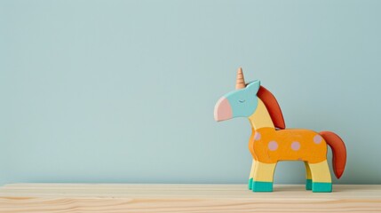 Colorful wooden unicorn toy on desk pops against light blue background