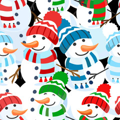 Snowman in scarf seamless pattern. Winter decoration print.