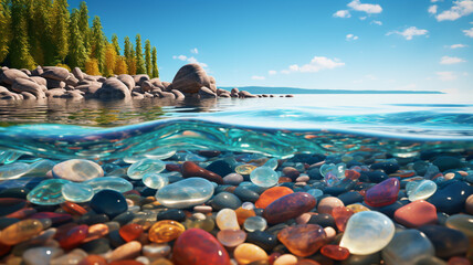 Landscape of a lake of transparent water with multicolored stones