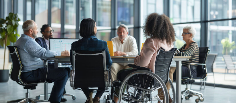 Meeting around a table in the office of a multiethnic and inclusion team, with a person in a wheelchair. Concept of diversity