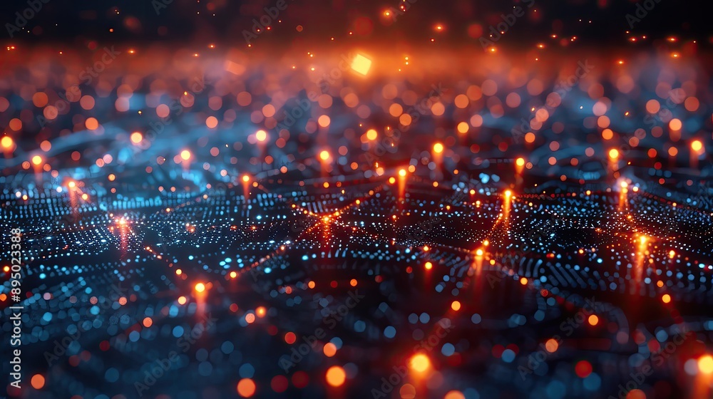 Poster abstract digital background with glowing lights and data particles creating a futuristic network and