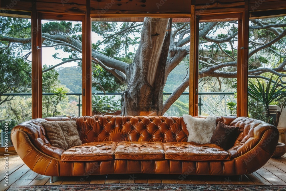 Canvas Prints Interior of modern living room with brown leather sofa, pillows and big tree