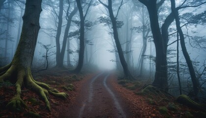 Obraz premium Halloween, Mysterious Foggy Road Through Forest
