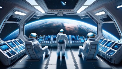 Obraz premium Firefly Futuristic Space Station- A detailed interior of a space station orbiting a distant planet