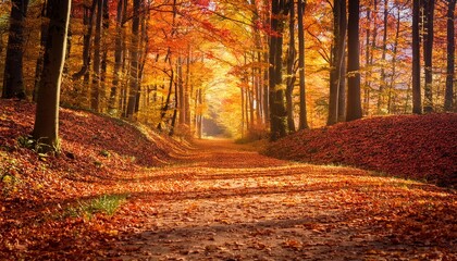 Autumn Forest Path- A scenic forest path covered in autumn leaves, with tall trees in shades
