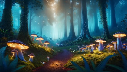 Obraz premium Fantasy Forest- An enchanting forest with towering trees, glowing mushrooms, magical 