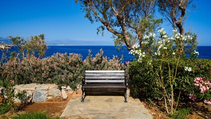 Beach with sea view and blue sky in Crete