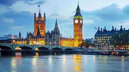 Fototapeta premium London cityscape with Big Ben Tower clock and City of Westminster and bridge, illuminated at dusk in England 