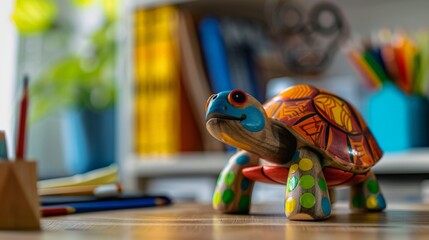 A brightly colored wooden turtle toy sits on a desk with other toys and supplies