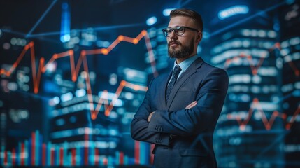 Businessman in suit with arms crossed in front of stock market charts background at night