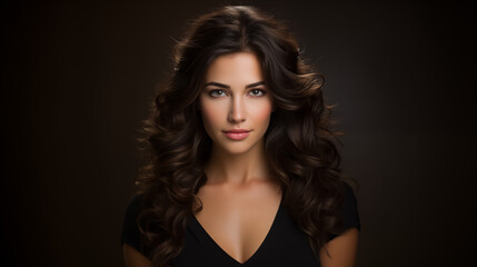 Naklejka premium a young woman with wavy brunette hair, light eyes, and a flawless complexion. She wears a black V-neck top, with a dark background highlighting her elegant features.