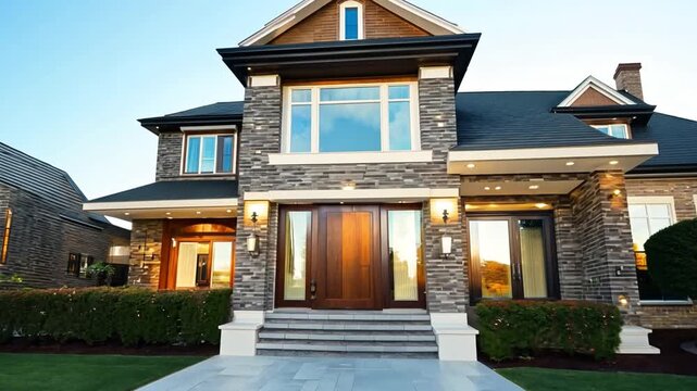Elegant home exterior featuring double garage, brick and siding accents