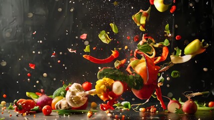 A poster featuring an explosion of various colorful vegetables in mid-air, emphasizing freshness and variety. 