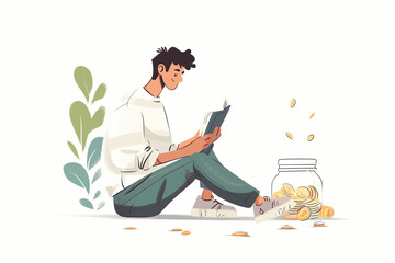 Saving money for future investment, make money online concept, a person sitting on money savings, make money online.