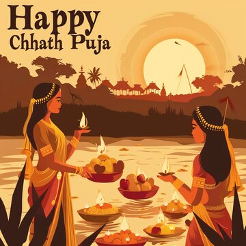 illustration of Happy Chhath Puja Holiday background for Sun festival of India.vector
