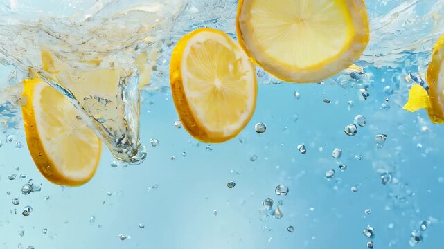 A dynamic of lemon slices splashing into crystal clear water with bubbles, set against a light blue background, ideal for a refreshing beverage advertisement. 