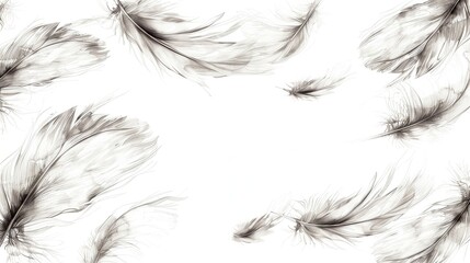Obraz premium Sketch of bird feathers on a white background. The feathers are delicately outlined, with clear details, creating a light and natural composition on light background