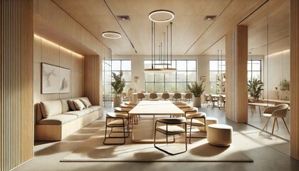 Fototapeta premium A flexible meeting area in Scandinavian office, features light wood finishes and a neutral palette
