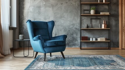Genuine image of a blue chair on a carpet in a roomy living area with grey walls and wood floors, beside a shelf and table