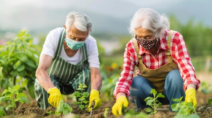 Elderly couple gardening with masks on, outdoor activity, COVID-19 prevention
