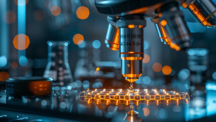 Fototapeta premium Close-up of a high-tech microscope examining a microchip in a futuristic laboratory, showcasing advanced technology and innovation.