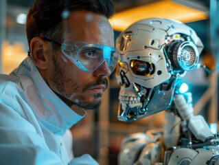 Fototapeta premium A scientist in a lab coat looks intently at a robotic skull, with a serious expression. The robot's eyes glow with a blue light.