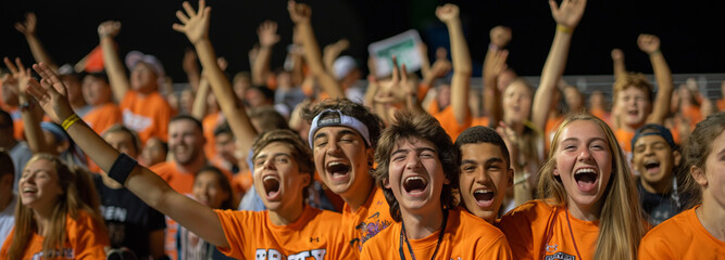 group of fans cheering in the stands at a high school football game