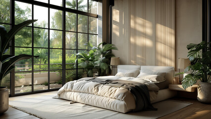 Evening Serenity: Minimalist Studio Apartment with Garden View