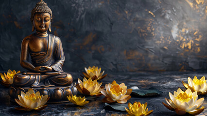Fototapeta premium A tranquil Buddha statue surrounded by beautiful lotus flowers, creating a serene and peaceful ambiance perfect for meditation and reflection.