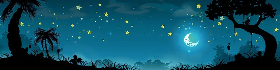 Nighttime Jungle Landscape with a Crescent Moon