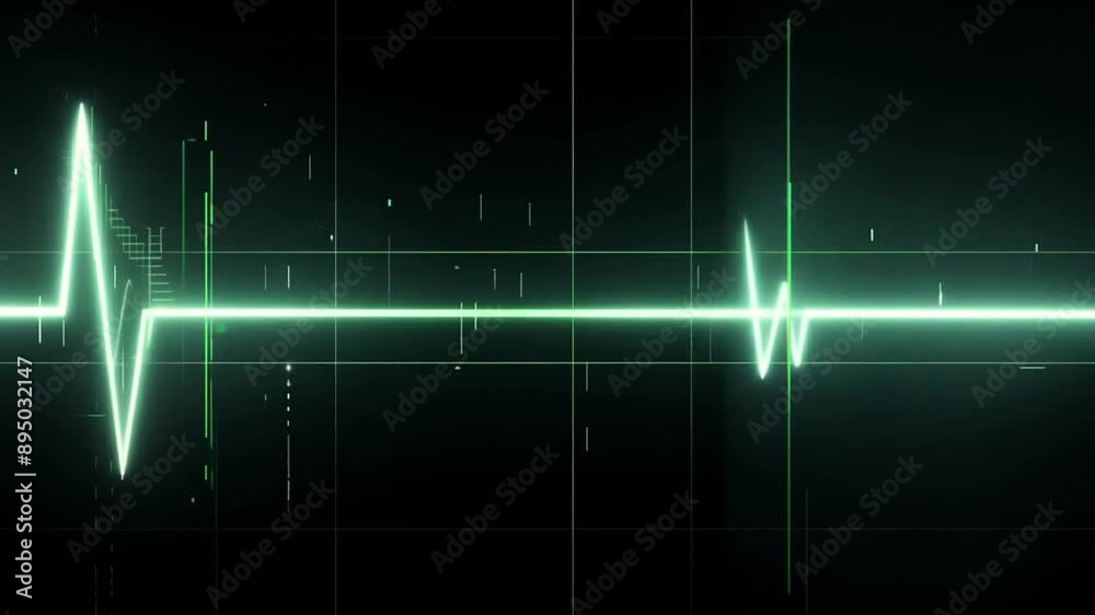 Poster a bright green line representing a heartbeat pulse is displayed against a black grid background. the