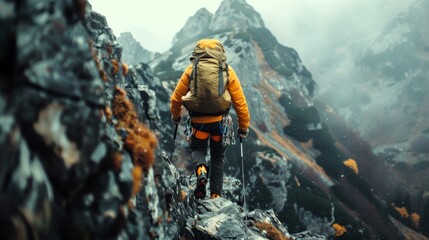 A climber navigates a rugged mountain path, showcasing determination and the spirit of adventure in a stunning landscape.