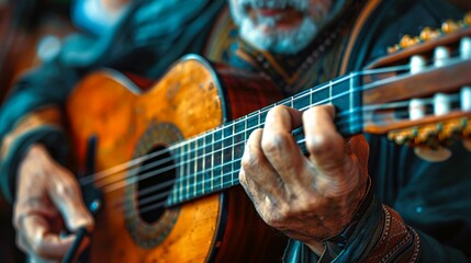 Obraz premium A skilled musician passionately plays an acoustic guitar, showcasing talent and artistry in a vibrant setting.