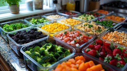 Fototapeta premium Vibrant display of assorted fresh vegetables and fruits in containers, ideal for healthy meal preparations and colorful recipes.