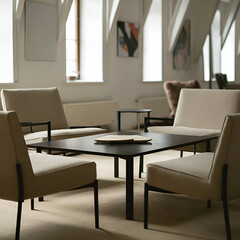 modern minimalistic living room, black table, beige chairs