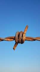 Close-up of a rusty barbed wire loop against a clear blue sky, highlighting details of the wire's texture and form