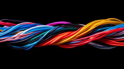 A minimalistic arrangement of colorful electrical wires intertwined against a black background, showcasing the complexity of modern technology