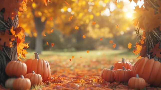 An abstract background featuring pumpkins and falling leaves in autumn colors, creating a gentle Halloween atmosphere with soft lighting