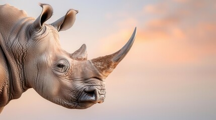 Close-up portrait of a white rhinoceros against a soft, hazy sunset.