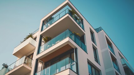 Obraz premium Modern Facade Building with Modern Balcony Terrace Landscaping. Block of Flats or New Multifamily Low-rise Apartment Building in Green City of Europe, Germany. 